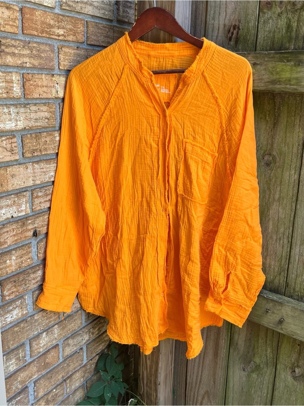 Aerie Oversized Bright Orange Button-Front Gauze Shirt 100% Cotton